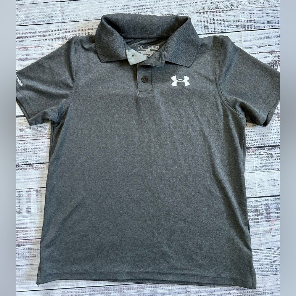 Under Armour Boys HeatGear Polo Shirt Grey Short Sleeve Loose Fit Size YMD‎ M